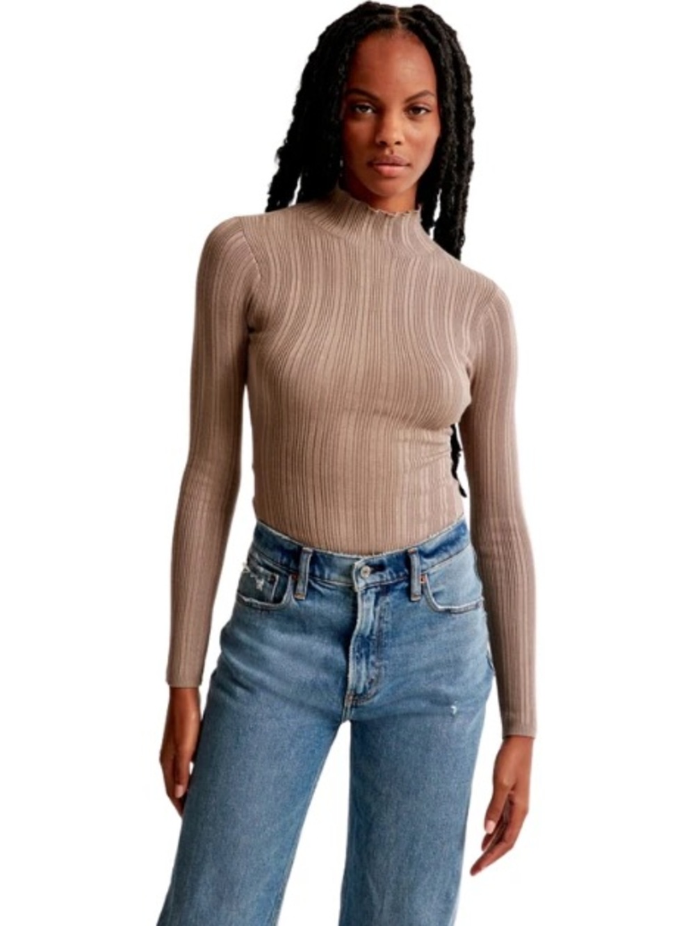 Abercrombie & Fitch Ribbed Long Sleeve Turtleneck Bodysuit Large in Taupe